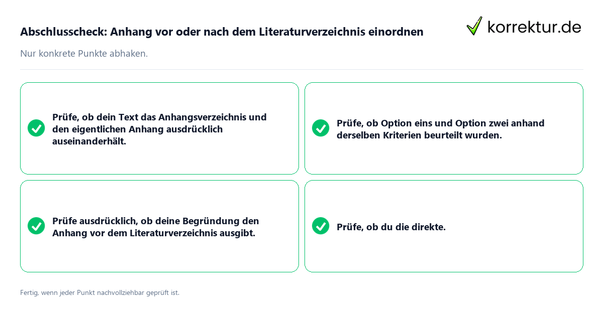 Konkreter Abschlusscheck zu Anhang vor oder nach dem Literaturverzeichnis einordnen