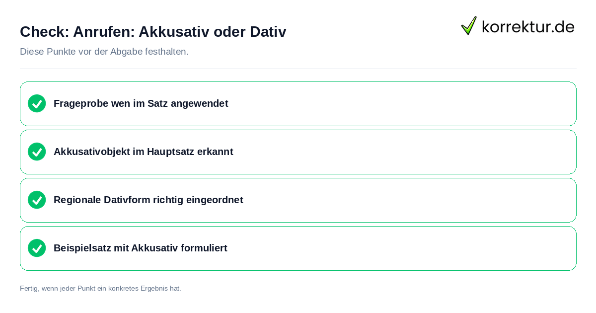 Anrufen: Akkusativ oder Dativ: Prüfliste mit vier Punkten