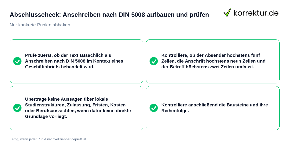 Abschlusscheck: Anschreiben nach DIN 5008 aufbauen und prüfen Konkreter Abschlusscheck zu Anschreiben nach DIN 5008 aufbauen und prüfen