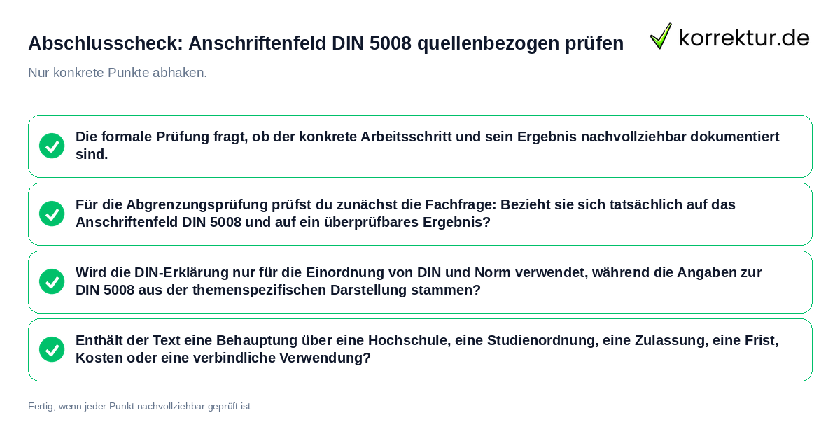 Konkreter Abschlusscheck zu Anschriftenfeld DIN 5008 quellenbezogen prüfen