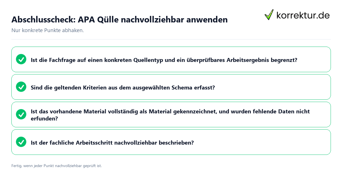 Konkreter Abschlusscheck zu APA Quelle nachvollziehbar anwenden
