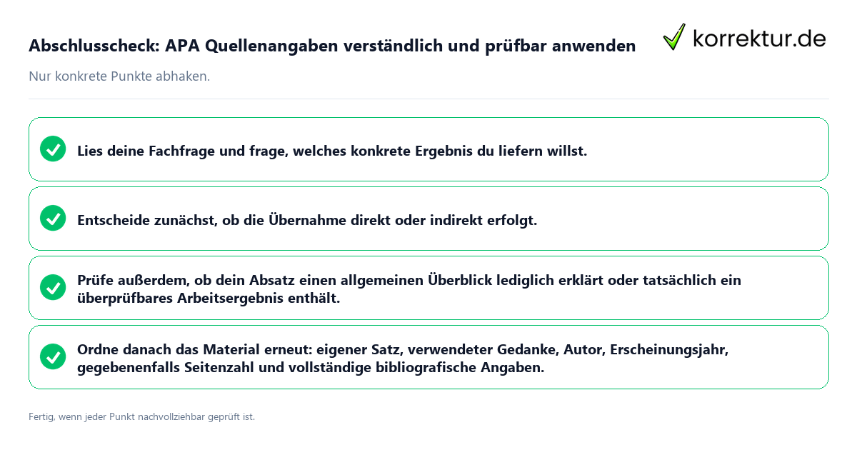 Konkreter Abschlusscheck zu APA Quellenangaben verständlich und prüfbar anwenden