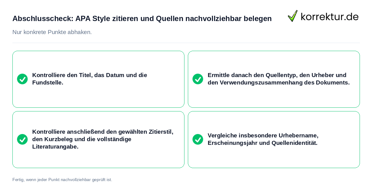 Konkreter Abschlusscheck zu APA Style zitieren und Quellen nachvollziehbar belegen