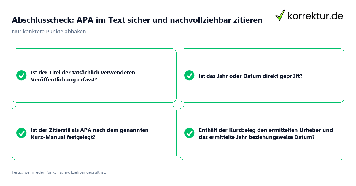 Abschlusscheck: APA im Text sicher und nachvollziehbar zitieren Konkreter Abschlusscheck zu APA im Text sicher und nachvollziehbar zitieren