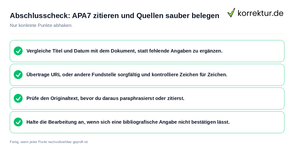Konkreter Abschlusscheck zu APA7 zitieren und Quellen sauber belegen