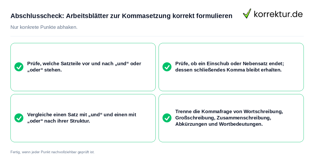 Konkreter Abschlusscheck zu Arbeitsblätter zur Kommasetzung korrekt formulieren