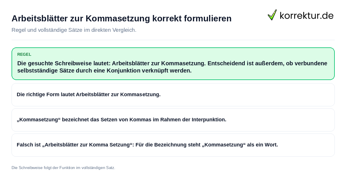 Konkrete Regel und vollständige Beispielsätze zu Arbeitsblätter zur Kommasetzung korrekt formulieren