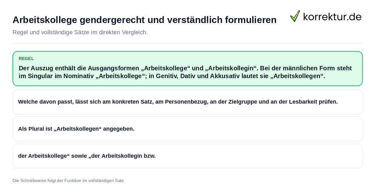 Arbeitskollege gendergerecht und verständlich formulieren Konkrete Regel und vollständige Beispielsätze zu Arbeitskollege gendergerecht und verständlich