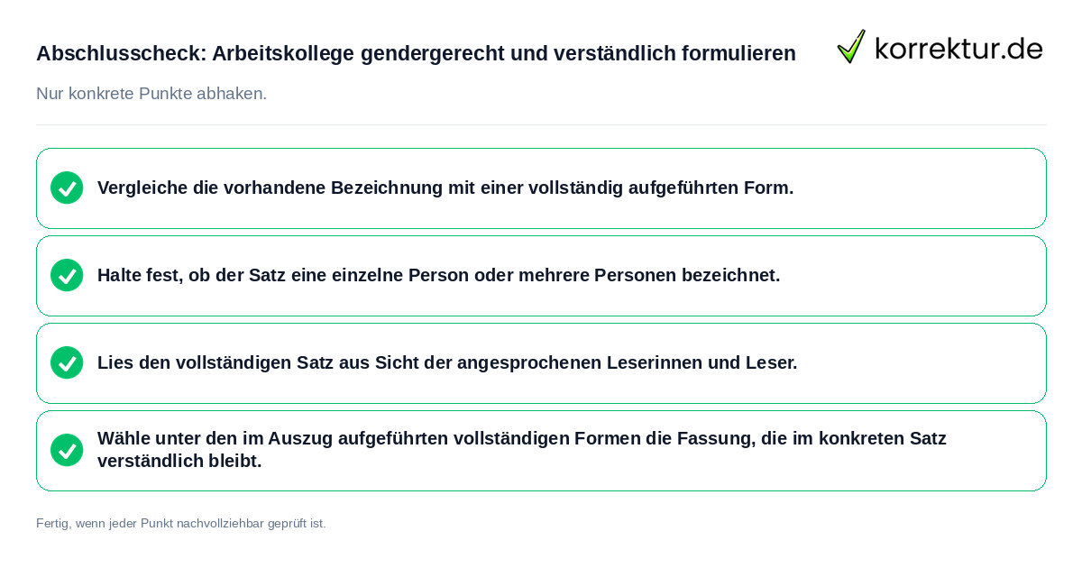 Abschlusscheck: Arbeitskollege gendergerecht und verständlich formulieren Konkreter Abschlusscheck zu Arbeitskollege gendergerecht und verständlich formulieren