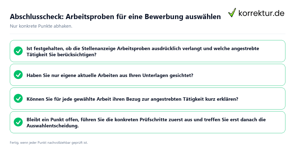 Abschlusscheck: Arbeitsproben für eine Bewerbung auswählen Konkreter Abschlusscheck zu Arbeitsproben für eine Bewerbung auswählen