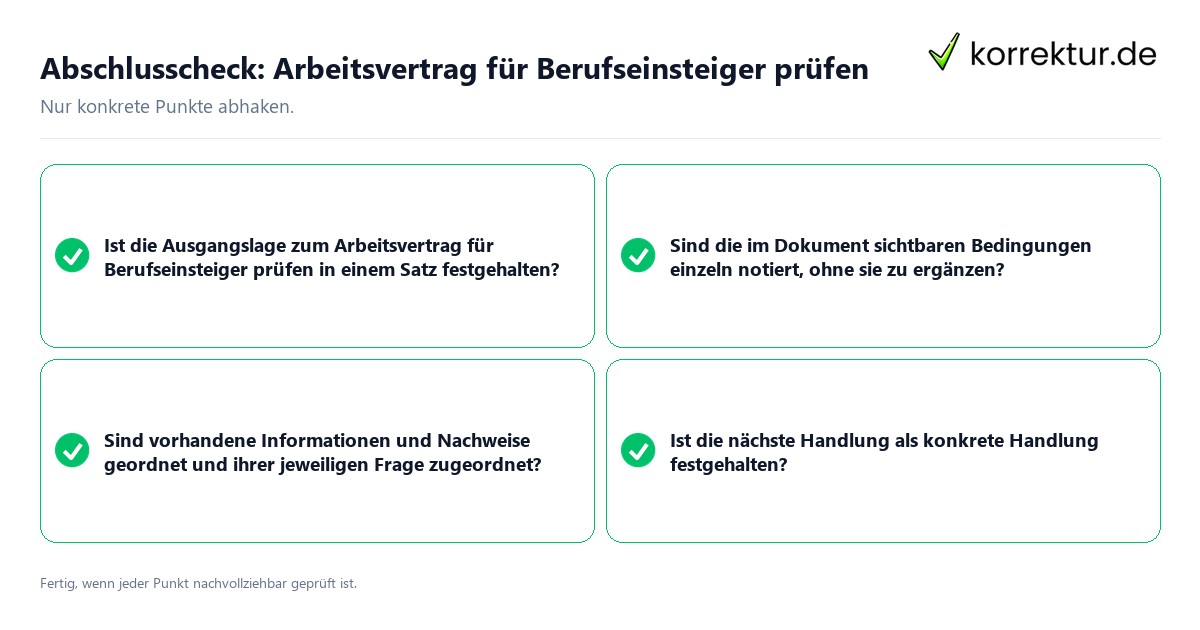 Abschlusscheck: Arbeitsvertrag für Berufseinsteiger prüfen Konkreter Abschlusscheck zu Arbeitsvertrag für Berufseinsteiger prüfen