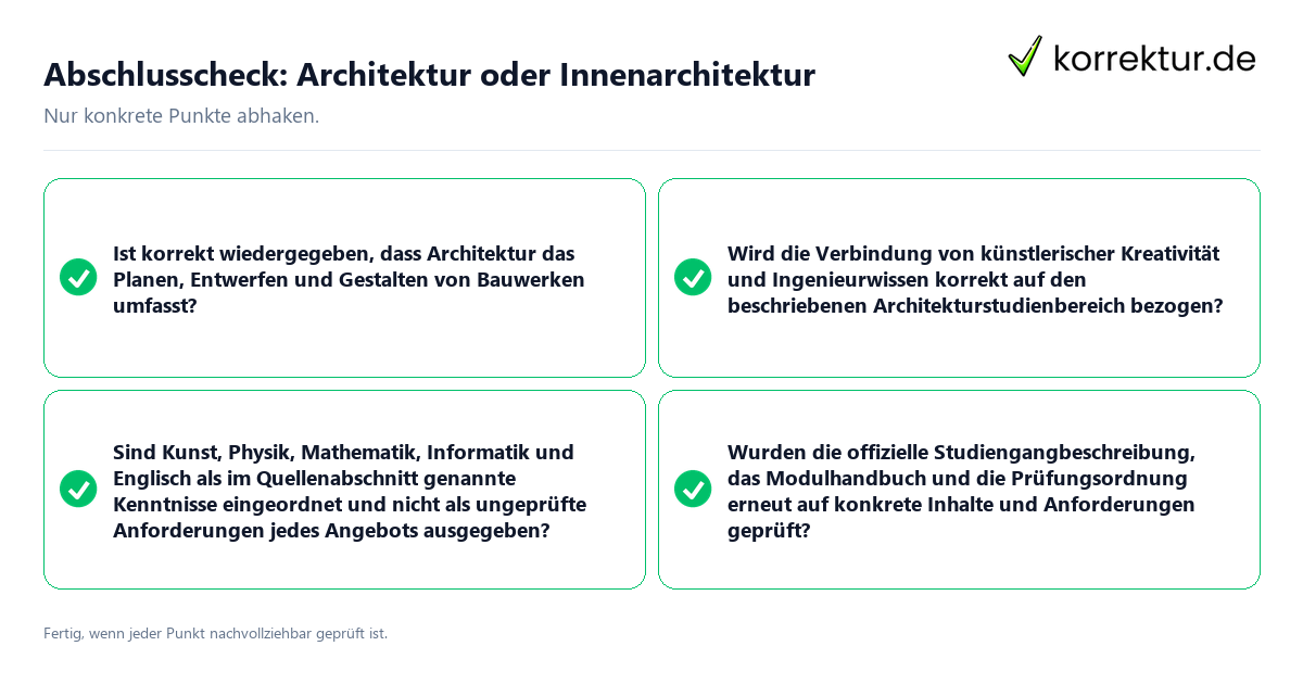 Konkreter Abschlusscheck zu Architektur oder Innenarchitektur