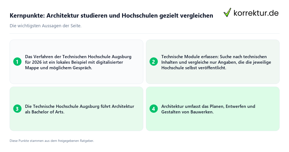 Konkrete Kernpunkte zu Architektur studieren und Hochschulen gezielt vergleichen