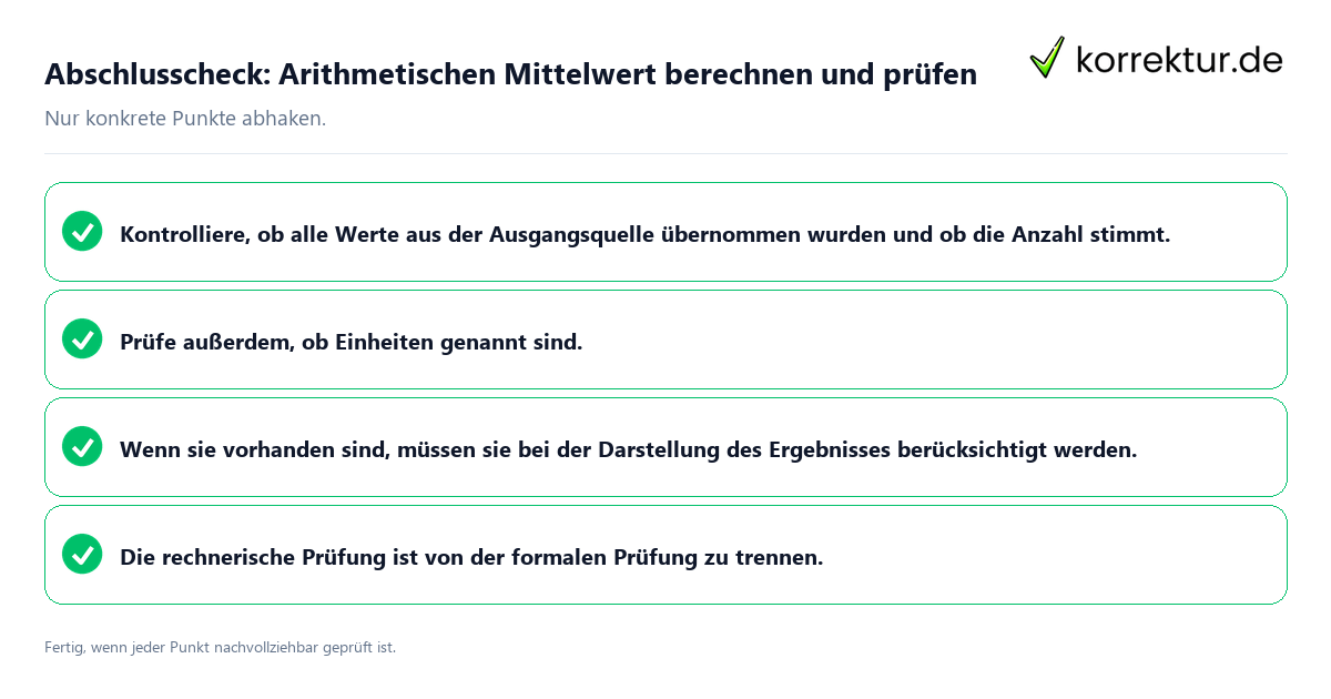 Konkreter Abschlusscheck zu Arithmetischen Mittelwert berechnen und prüfen