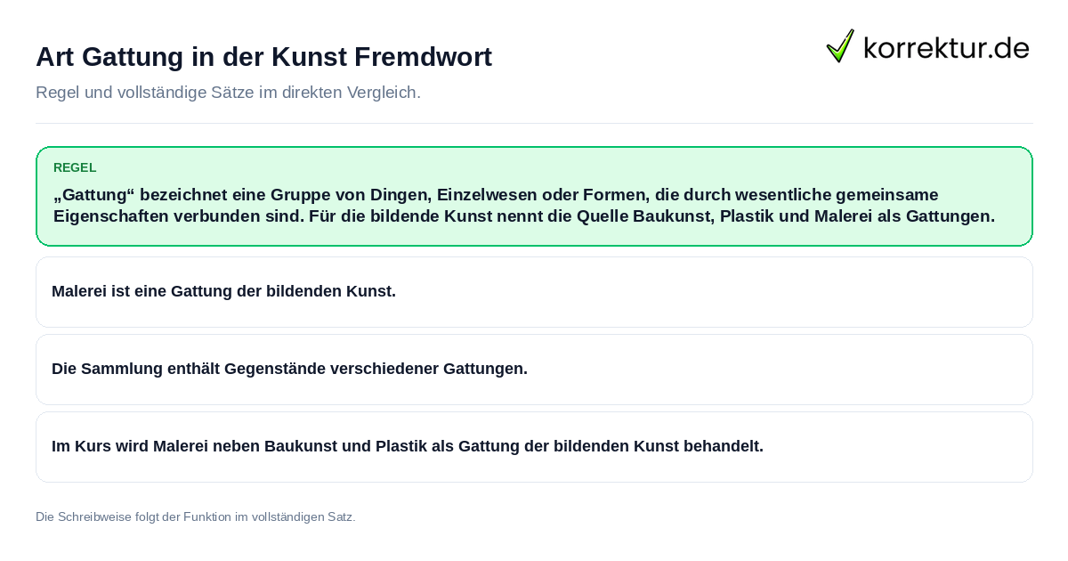 Konkrete Regel und vollständige Beispielsätze zu Art Gattung in der Kunst Fremdwort