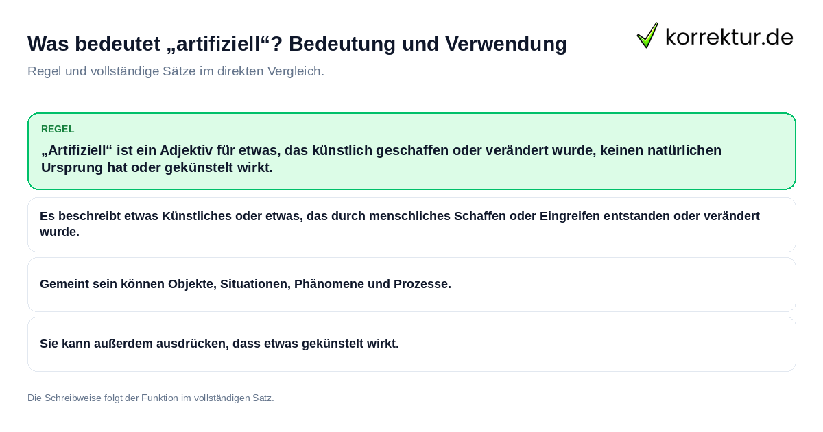 Was bedeutet „artifiziell“? Bedeutung und Verwendung Konkrete Regel und vollständige Beispielsätze zu Was bedeutet „artifiziell“? Bedeutung und