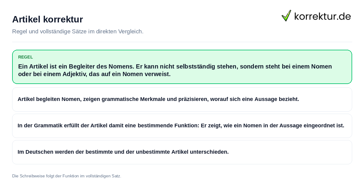 Artikel korrektur Konkrete Regel und vollständige Beispielsätze zu Artikel korrektur