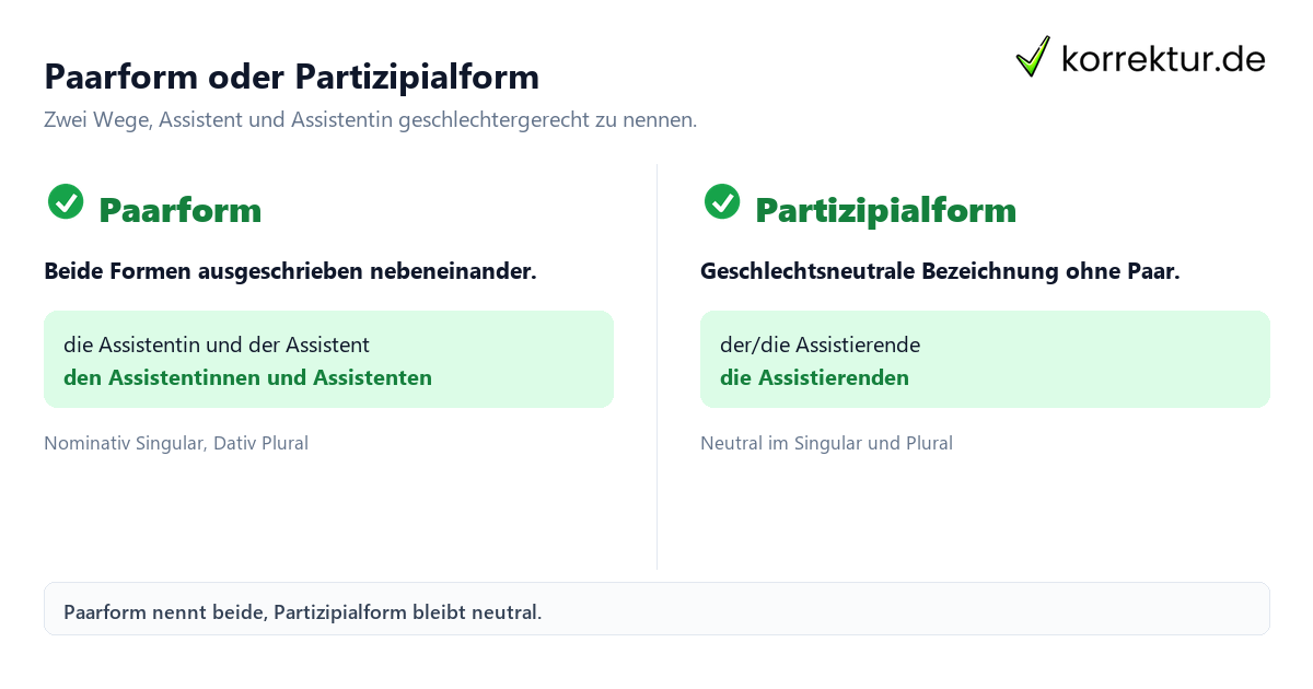 Paarform oder Partizipialform Assistent und Assistentin richtig gendern: Paarform und Partizipialform im Vergleich
