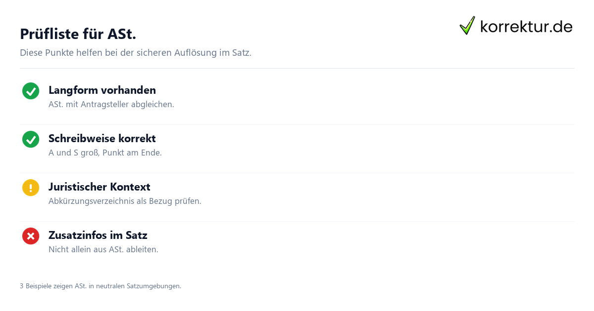 Prüfliste für ASt. Was bedeutet ASt.? Abkürzung und Verwendung erklärt: Prüfliste für Antragsteller