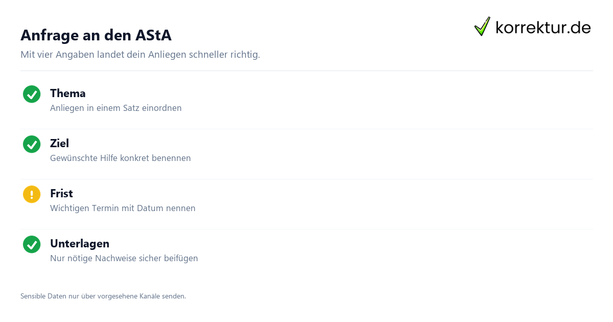 AStA Aufgaben mit Anfrageplan für Thema, Ziel und Unterlagen