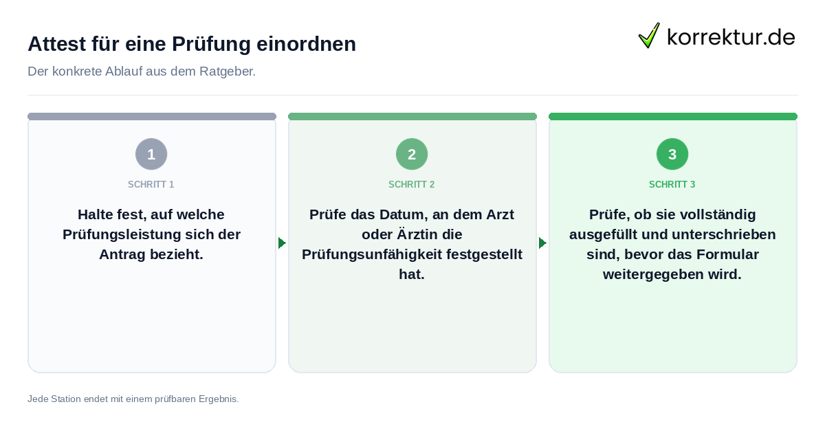 Konkrete Schritte zu Attest für eine Prüfung einordnen