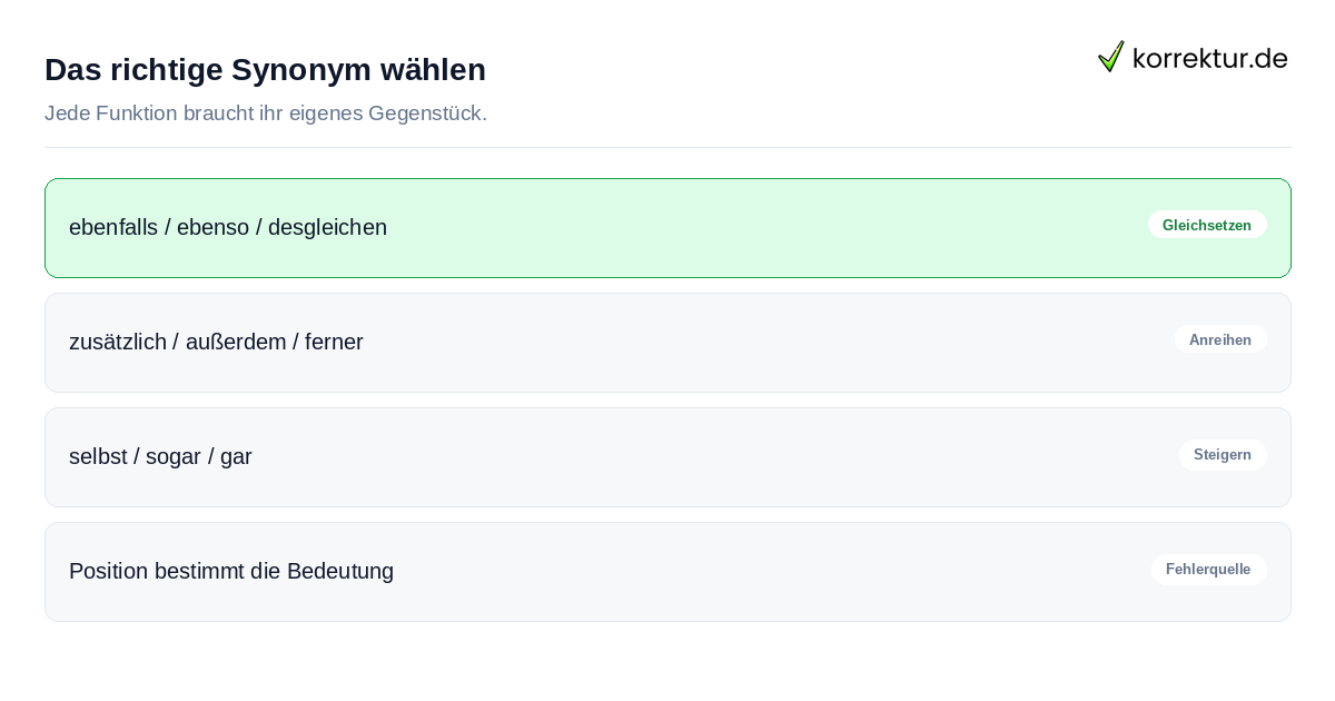 Das richtige Synonym wählen Synonyme für Auch je nach Funktion im Satz