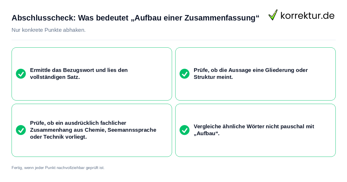 Abschlusscheck: Was bedeutet „Aufbau einer Zusammenfassung“ Konkreter Abschlusscheck zu Was bedeutet „Aufbau einer Zusammenfassung“