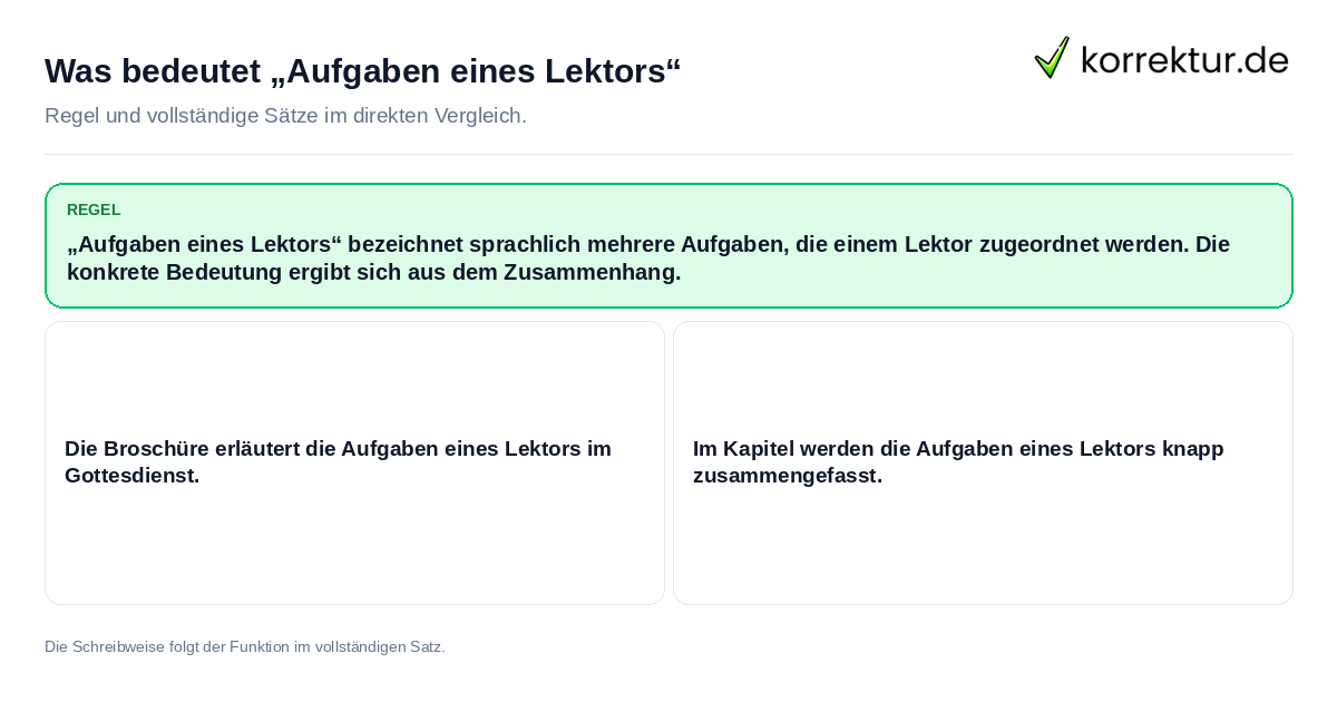 Konkrete Regel und vollständige Beispielsätze zu Was bedeutet „Aufgaben eines Lektors“