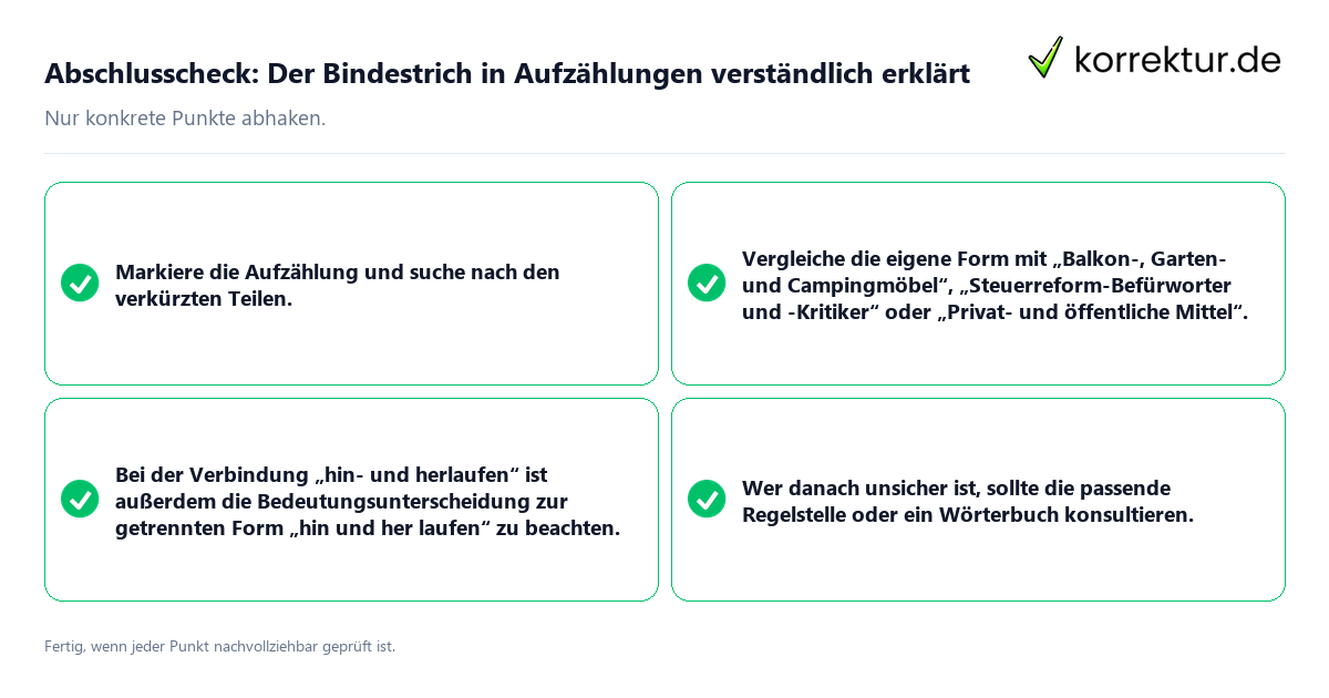 Konkreter Abschlusscheck zu Der Bindestrich in Aufzählungen verständlich erklärt