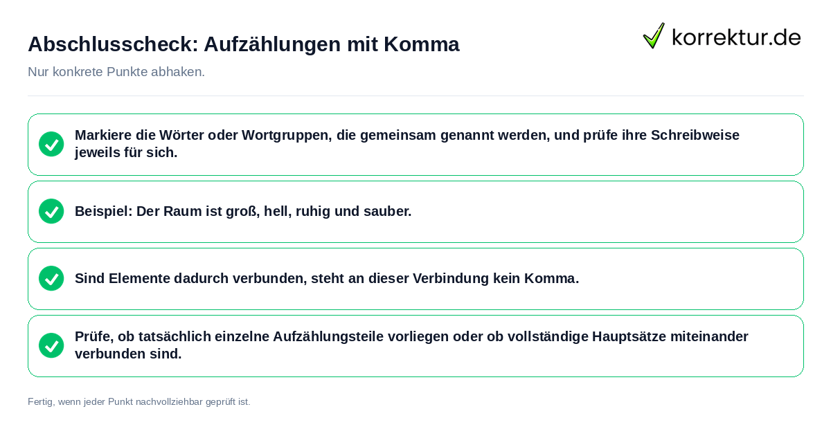 Konkreter Abschlusscheck zu Aufzählungen mit Komma