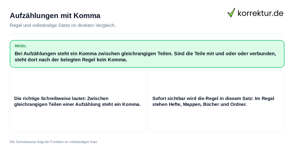 Konkrete Regel und vollständige Beispielsätze zu Aufzählungen mit Komma