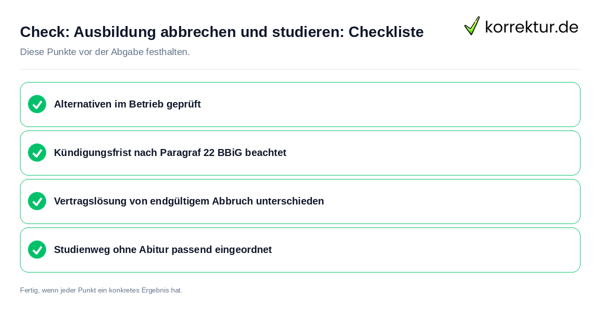 Ausbildung abbrechen und studieren: Checkliste: Prüfliste mit vier Punkten