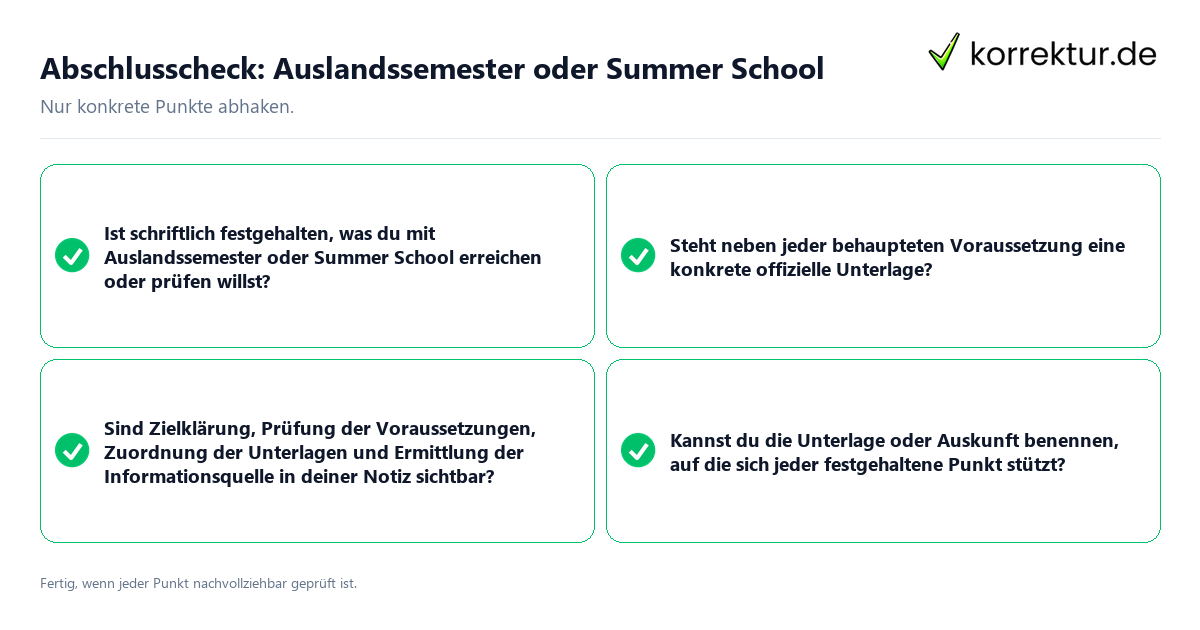 Konkreter Abschlusscheck zu Auslandssemester oder Summer School