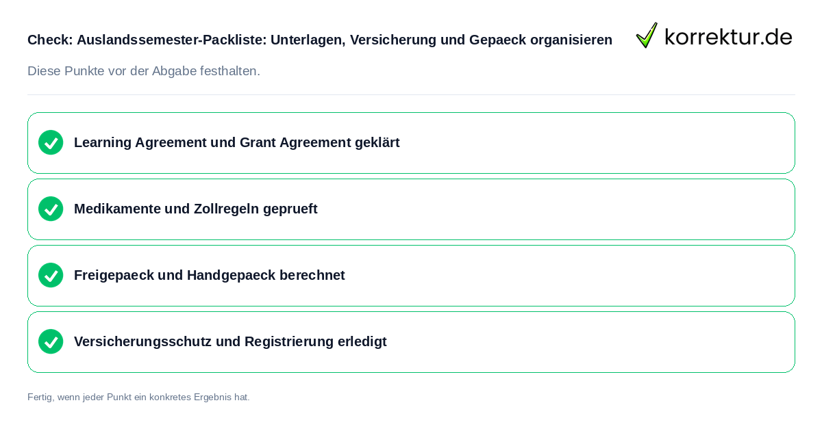 Auslandssemester-Packliste: Unterlagen, Versicherung und Gepäck organisieren: Prüfliste mit vier