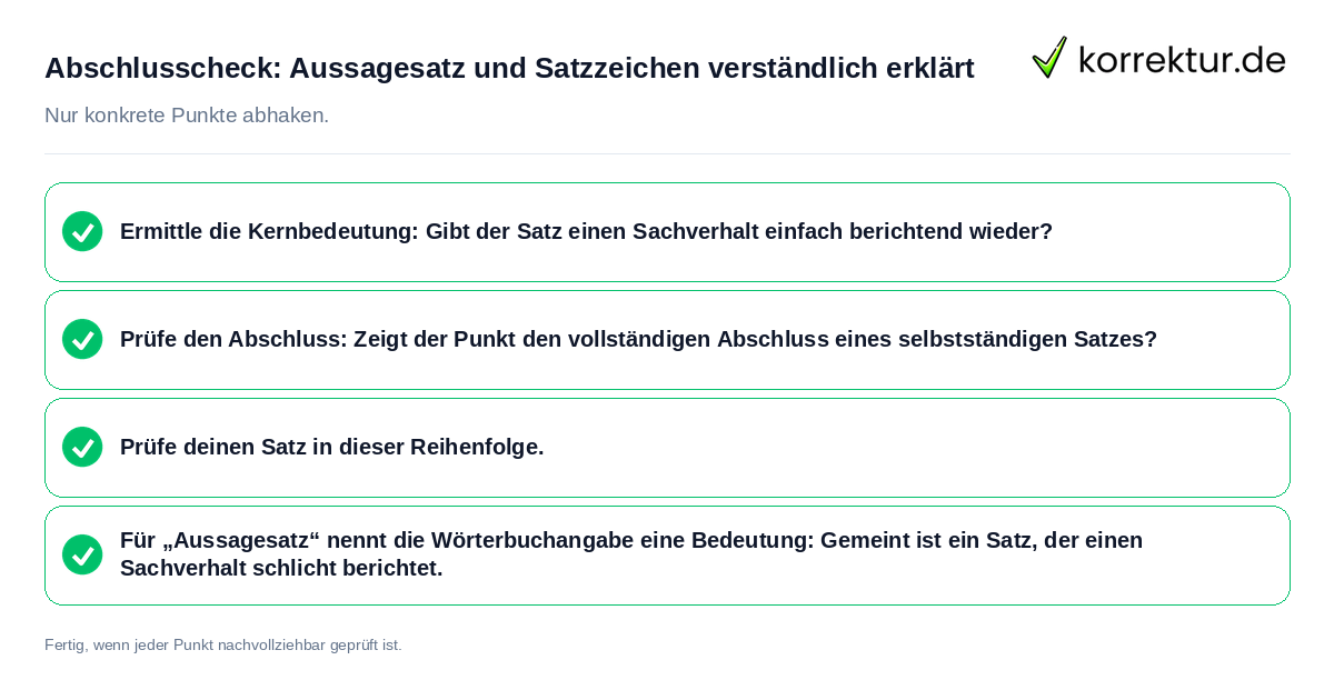 Konkreter Abschlusscheck zu Aussagesatz und Satzzeichen verständlich erklärt