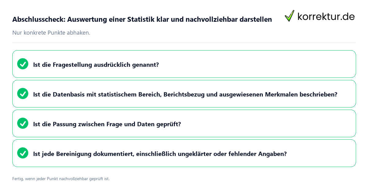 Konkreter Abschlusscheck zu Auswertung einer Statistik klar und nachvollziehbar darstellen