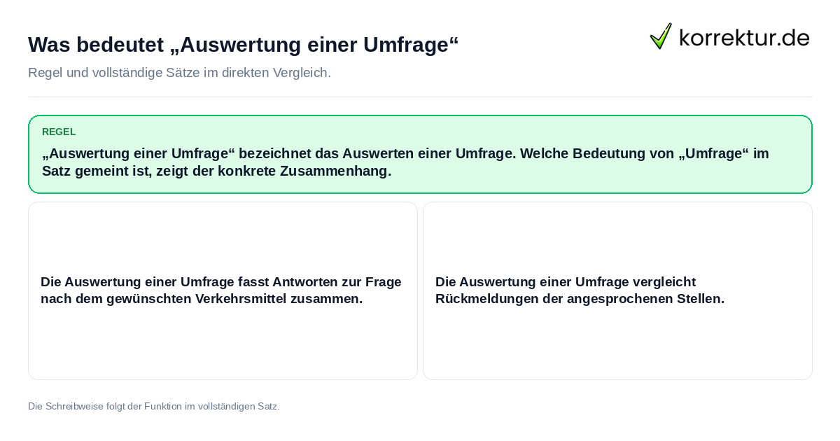 Was bedeutet „Auswertung einer Umfrage“ Konkrete Regel und vollständige Beispielsätze zu Was bedeutet „Auswertung einer Umfrage“