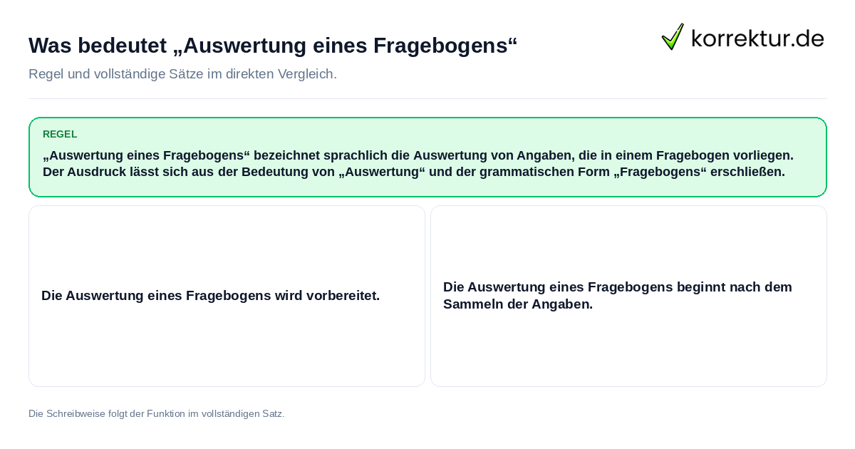 Konkrete Regel und vollständige Beispielsätze zu Was bedeutet „Auswertung eines Fragebogens“
