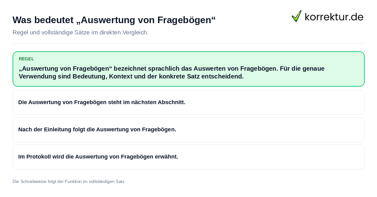 Konkrete Regel und vollständige Beispielsätze zu Was bedeutet „Auswertung von Fragebögen“