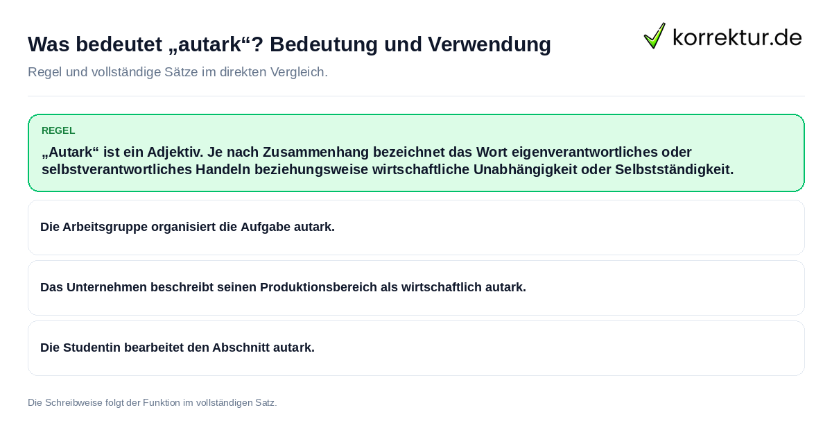 Konkrete Regel und vollständige Beispielsätze zu Was bedeutet „autark“? Bedeutung und Verwendung