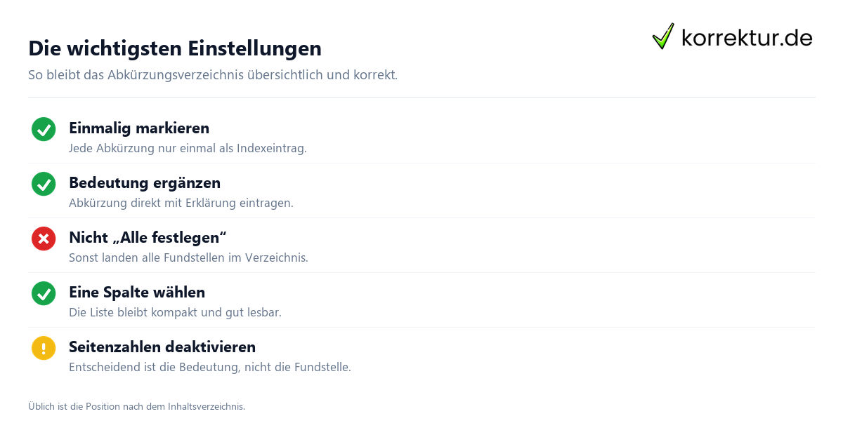 Automatisches Abkürzungsverzeichnis in Word erstellen, wichtige Einstellungen