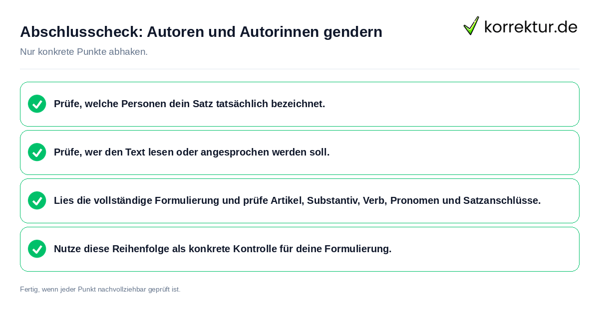 Konkreter Abschlusscheck zu Autoren und Autorinnen gendern