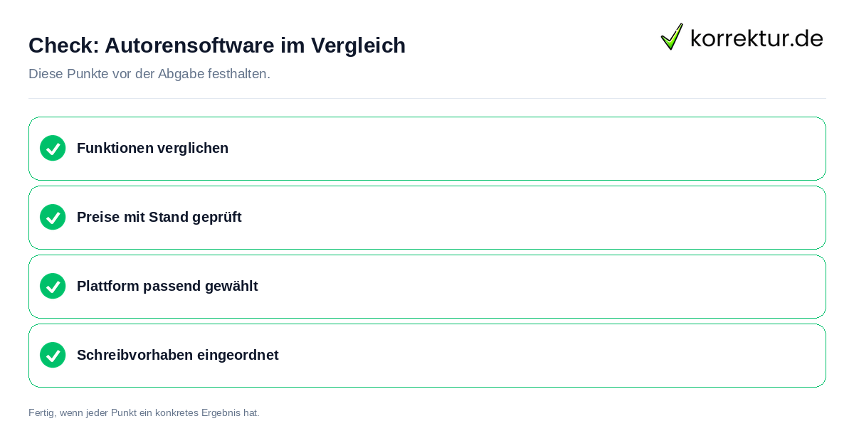 Autorensoftware im Vergleich: Prüfliste mit vier Punkten
