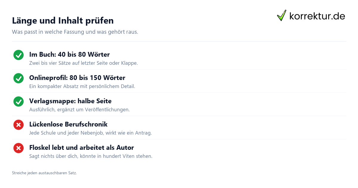 Länge und Inhalt prüfen Autorenvita Länge und Inhalt je Einsatzort