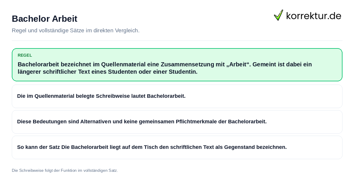 Konkrete Regel und vollständige Beispielsätze zu Bachelor Arbeit