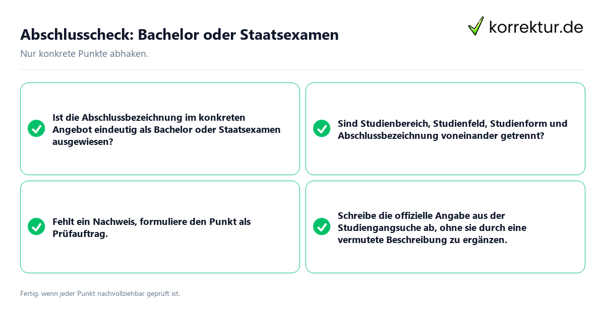 Konkreter Abschlusscheck zu Bachelor oder Staatsexamen