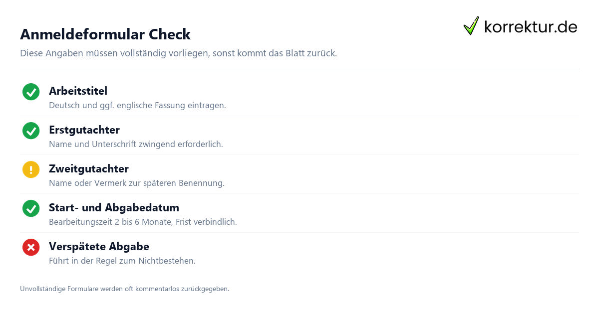 Anmeldeformular Check Bachelorarbeit anmelden: Checkliste für das Anmeldeformular