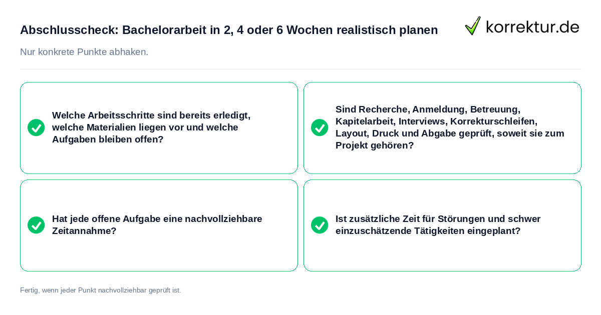 Abschlusscheck: Bachelorarbeit in 2, 4 oder 6 Wochen realistisch planen Konkreter Abschlusscheck zu Bachelorarbeit in 2, 4 oder 6 Wochen realistisch planen