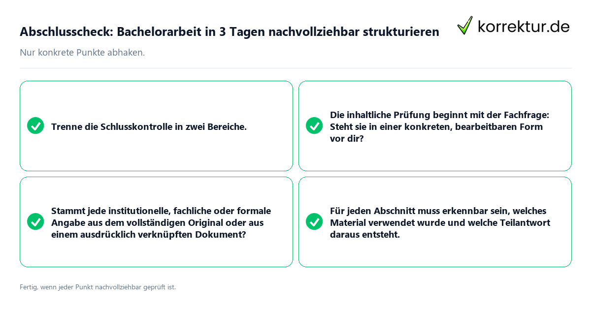 Konkreter Abschlusscheck zu Bachelorarbeit in 3 Tagen nachvollziehbar strukturieren