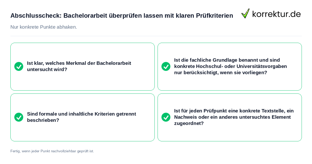 Konkreter Abschlusscheck zu Bachelorarbeit überprüfen lassen mit klaren Prüfkriterien